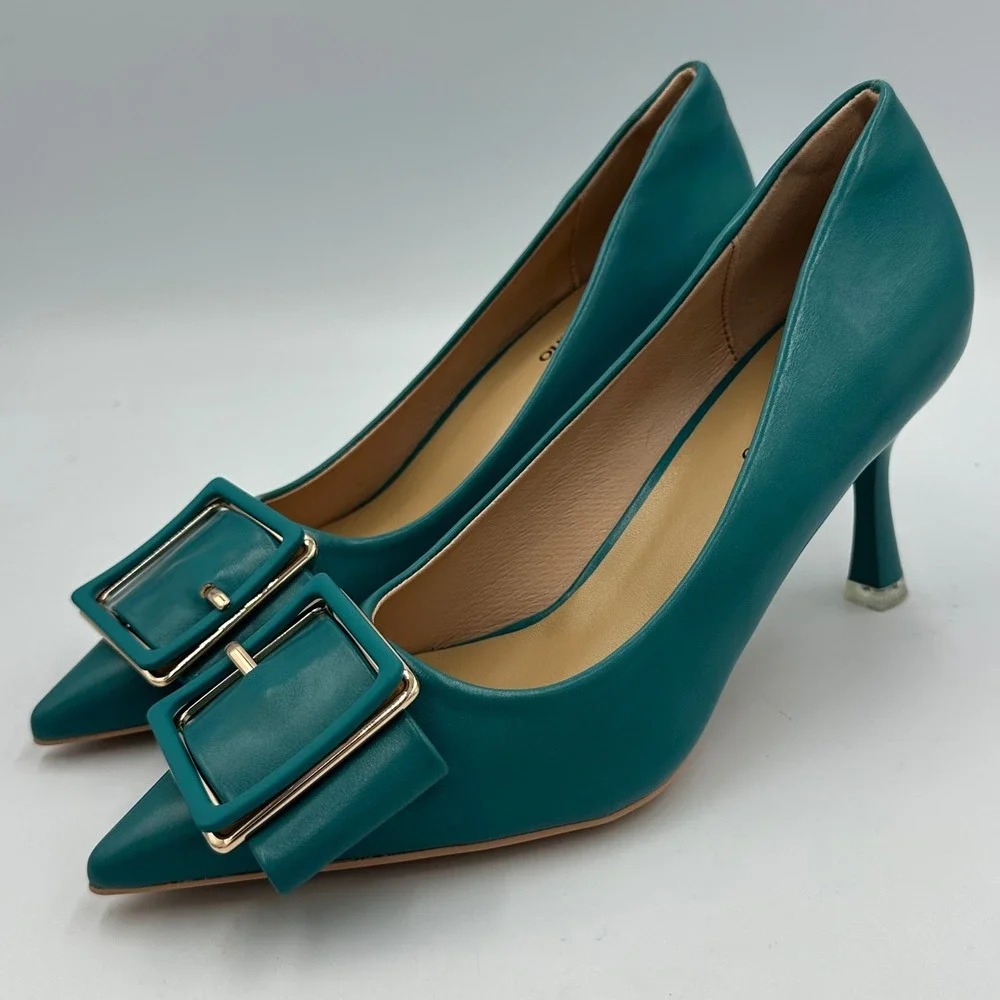 C.Paravano Peacock Blue Buckle Pumps Sz 36 / 5.5 Leather Pointed Toe Kitten Heel